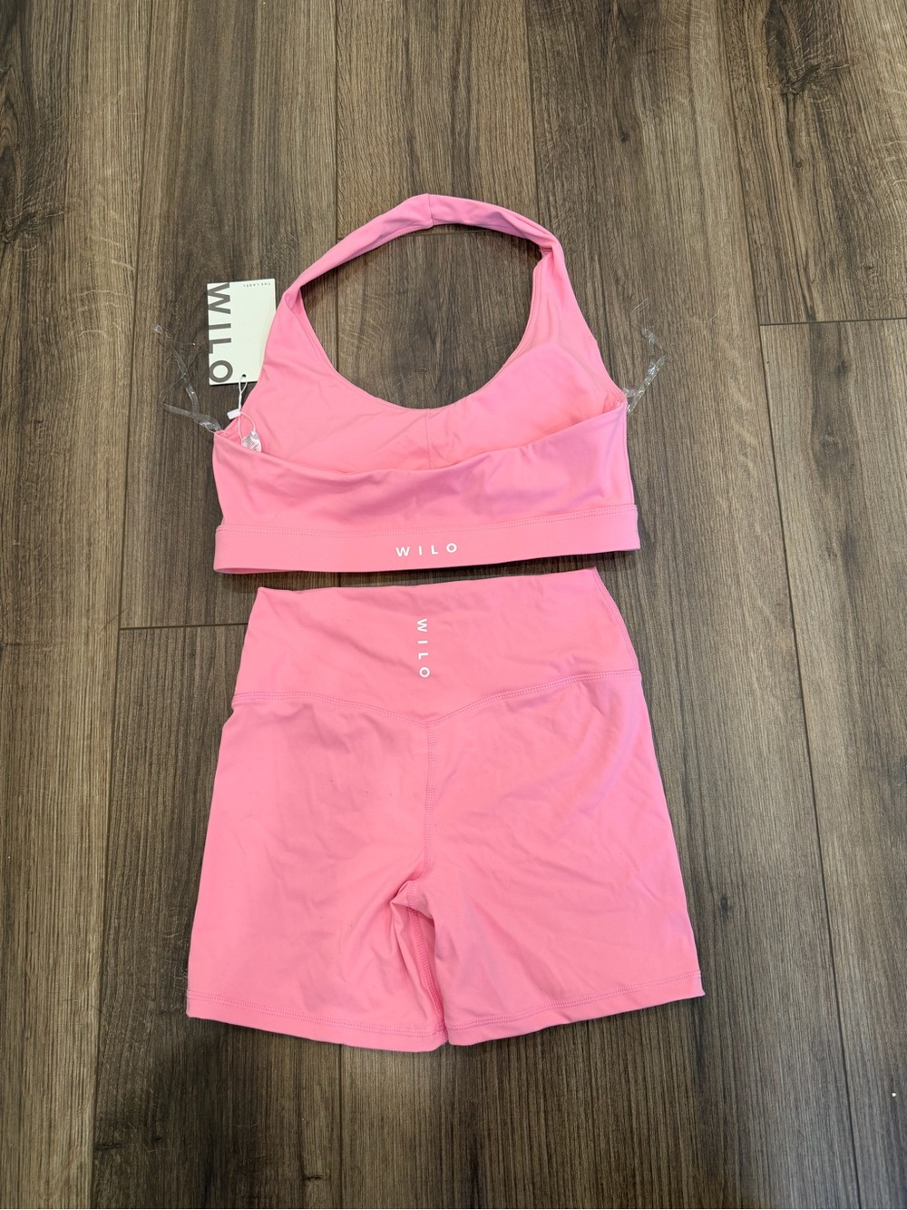 Wilo The Label Pink Halter Sports Bra and Short Set, Size S Botton/M Top, NWT - Picture 2 of 3